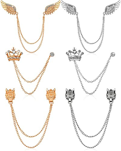 6 Pieces Men's Tassel Chain Brooch Collar Pins Wedding Brooches Collar Pins Wings Wolf Head Crown Lapel Suit Shirt Tuxedo Accessories for Wedding Anniversary Birthday Party Gift Business Office