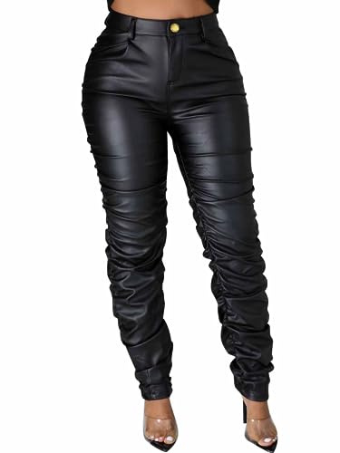 Zebaexf Women's Stretchy Faux Leather Leggings Pants,High Waist Stacked Pants for Women Black L