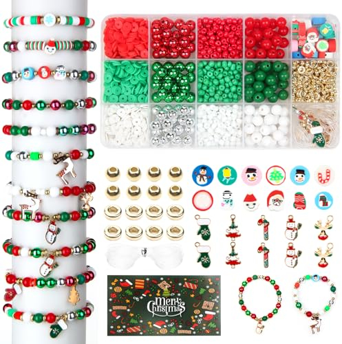 FEMBW Weihnachtsperlen für Armbänder, 4/6mm Glasperlen Set Perlen zum Auffädeln Selber Machen mit Weihnachtsbaum Anhänger und Tonperlen, Freundschaftsarmbänder Bastelset