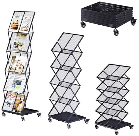 tonchean Foldable Magazine Rack Floor Standing with Wheels, 5 Layer Folding Brochure Display Stand, Adjustable Metal Leaflet Literature Newspaper Display Stand for Exhibition Trade Show Office Hotel