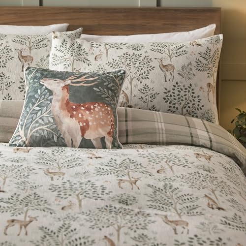 Dreams & Drapes - Copripiumino Natural Forest Deer - Letto Super King Size (260 x 220 cm) - Design reversibile - Morbido 100% cotone - Copripiumino in flanella naturale - Biancheria da letto Woodland