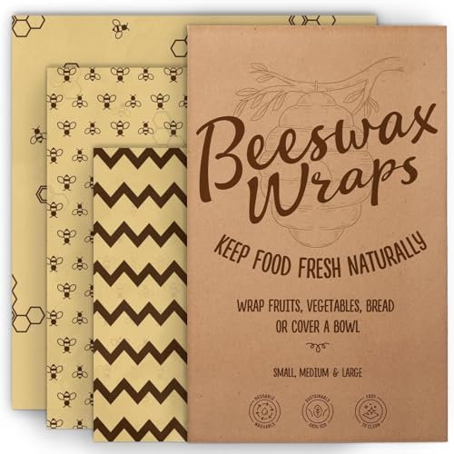 Bee’s Wrap Reusable, Eco Friendly Beeswax Food Wraps, Organic Cotton Food Storage, Assorted Pack of 3 (S, M, L) - Sustainable, Durable, Washable