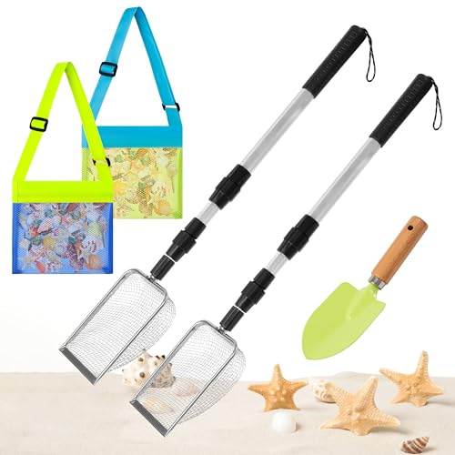 GROBRO7 2 setacci per sabbia da spiaggia con 2 sacchetti di conchiglie e filtro per sabbia, setaccio a denti di squalo, pala a rete con manico lungo retrattile, per strumenti da spiaggia, raccolta