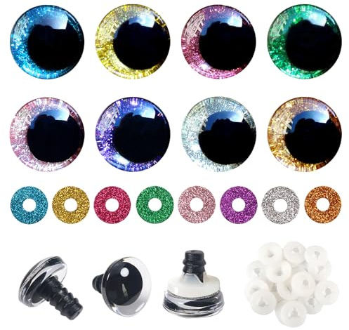 TOAOB 32 stycken säkerhetsögon dockögon glitter 20 mm plast pyssel ögon färgglada knappögon med brickor för virkade djur docka marionett plyschdjur nalleögon
