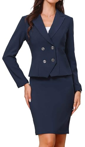 Allegra K Set da donna con gonna a doppio petto, 2 pezzi, blazer a doppio petto, gonna a matita, abiti da lavoro, Blu, XL