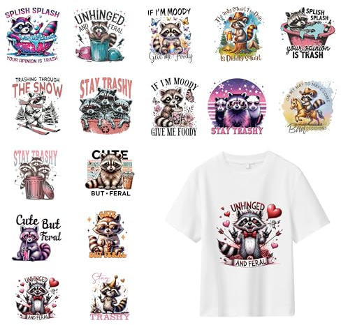 Dtf Transfers Ready to Press - 16 Pcs Cute Raccoon Dtf Heat Transfers Vinyl Funny Patterns Stickers Iron on Patches Decals for T-Shirts Hoodie Pillow Covers Bag Clothes Pillow DIY Fabric Decor Crafts