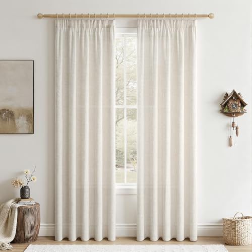CUTEWIND Cortinas Salon Lino Blanco Marfil Cortina Puerta Interior 2 Piezas para Riel con Cinta Fruncidora 140cm Ancho x 225cm Alto, Cortina Translucida Moderna para Ventanas de Cocina