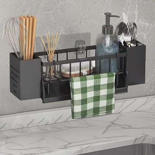 Koolkasa Sink Porta Spugne Lavello Cucina da Appendere, Organizer Lavello con Portasciugamani e Scatola di Immagazzinaggio, Portaspugne per Lavello con Vassoio Gocciolamento