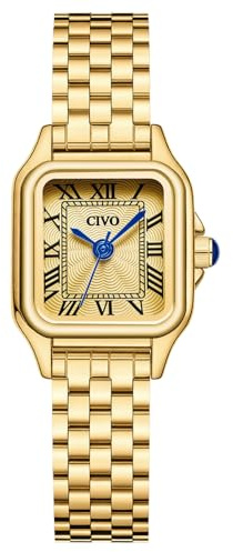 CIVO Reloj Mujer Acero Inoxidable: Oro Analógico de Cuarzo Cuadrado y Impermeable con Números Romanos - Ideal para Mujeres Profesionales - Oficina y Negocios