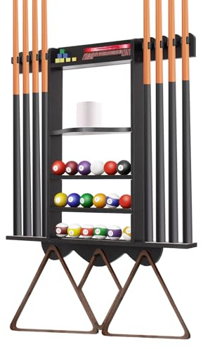 Leogreen Porte-Queues de Billard Mural, Support pour 8 Queues, 18 Boules, 3 Porte-Boules, 1 Rouleau de Papier, Râtelier en Bois de Pin avec Espace de Rangement, Pour Maison, Clubs, Salle de Jeux