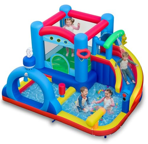 COSTWAY Castillo Hinchable con Tobogán Acuático Inflable, Piscina de Salpicaduras, Cañón de Agua, Bolsa de Boxeo, Lanzamiento de Aros, Juego de Precisión, Pelotas Oceánicas y Baloncesto (Sin Soplador)