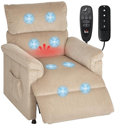 HOMCOM Fauteuil Relax Électrique Massant et Chauffant Velours Côtelé Marron | Fauteuil Inclinable avec Repose-Pieds, Moteur Silencieux, Mémoire, Port USB, Télécommande, Poches Latérales