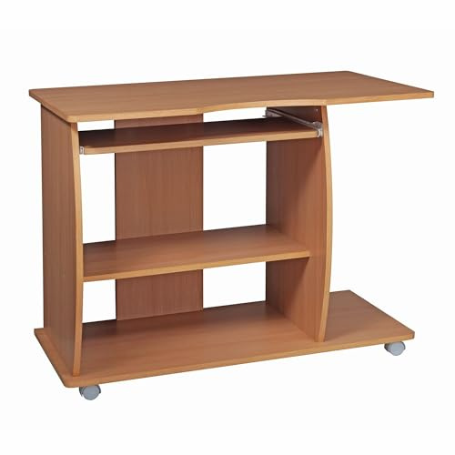 Wohnling Computertisch GRASSE rollbar Buche 90 x 71 x 50 cm mit Tastaturauszug, Laptop Tisch auf feststellbaren Rollen, PC-Tisch mit Drucker-Ablage platzsparend, Schreibtisch für kleine Räume