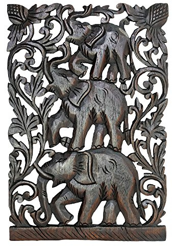 AeraVida Hand Carved Elephant Wall Decor Teak Wood Wall Art Panel 12x18 Inch Elephant Family Relief Carving Tropical Jungle Wooden Wall Hanging Southeast Asian Handmade Home Decor