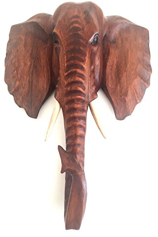 OMA Wood Carved Elephant African Mask Wall Hanging Decor For Luck & Fortune - LARGE SIZE BRAND (16 Classic, Brown)