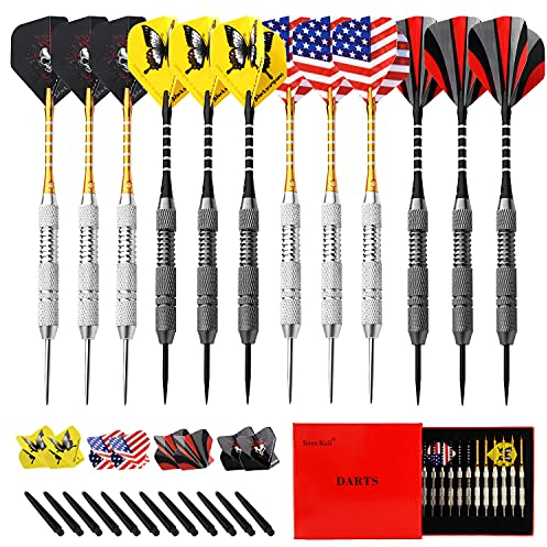 Rose Kuli Steel Tip Darts Set, 12 Pack 24 Grams Professional Metal Dart Set with 20 Flights(4 Style) + 12 Aluminium Shaft (12pack-Darts)