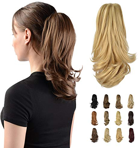 Sofeiyan Estensione coda di cavallo 33 cm Clip lunga coda di cavallo riccia in estensione dei capelli artiglio Parrucchino sintetico dall'aspetto naturale per le donne, Biondo fragola e biondo chiaro