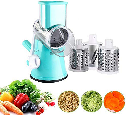 CABINA HOME Affettatrice manuale per verdure 3 in 1 multifunzione Veggie Chopper Rotary Drum Grattugia a tamburo con 3 tamburi da taglio in acciaio inox (blu)