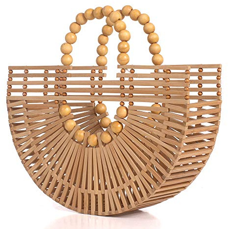 RULER TRUTH Womens Bamboo Handbags Summer Straw Beach Purse, Handmade Straw Purse for Women Natural for Women Rose Red