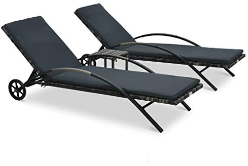 Tidyard Doppel Sonnenliege Doppelliege Rattan mit Rollen, Auflage und Tisch, Gartenliege 2 Personen Relaxliege Liegestuhl für Garten Terrasse Schwimmbad, 2tlg Anthrazit