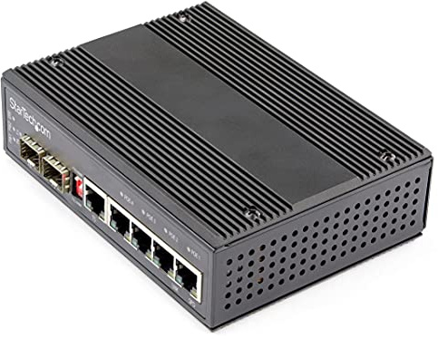 StarTech.com Industrial 6 Port Gigabit Ethernet Switch - 4 PoE RJ45 +2 SFP Slots 30W PoE+ 12-48VDC 10/100/1000 Rugged Power Over Ethernet LAN Switch -40C to 75C - DIN Mountable, TAA (IES1G52UP12V)