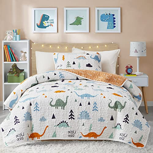 Joyreap 2-Piece Cotton Quilt Set Twin, Cute Dinosaur Reversible Design for Kids Boys n Girls, Breathable Skin-friendly Quilt Bedspread Bed Cover for All Season, 1 Quilt and 1 Pillow Sham- 68x86 inches
