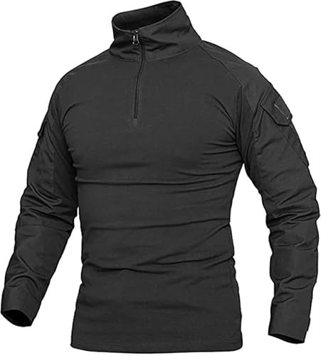 Czen Tactique Militaire Chemises pour Hommes, Chemise de Combat Airsoft Camouflage 1/4 Zip Longues T-Shirt Chemise de randonnée de l'armée en Plein air, Noir, 3XL