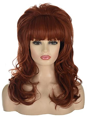 Morticia Frauen 80er Jahre Hippie Drag Queen Haar Bienenstock Vintage Retro Bouffant Kostüm Lockige Lange Synthetische Bang Perücke (Auburn)