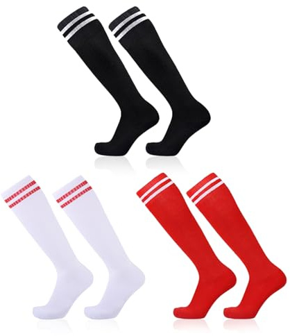 SKHAOVS 3 Paia Calzettoni Calcio Lunghi Bambino, Calze da Calcio Basket Hockey Rugby, Calzini Sportivi Alti Ginocchio per Ragazzi Ragazze, Calzini da Allenamento per 5-12 Anni (White,Black,Red)