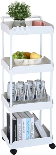VEVOR Rollwagen, Küchenwagen mit 4 Ebenen, Küchenregal, Nischenregal mit Rollen, Badregal 370x355x1065mm Aufbewahrungswagen 60kg Tragfähigkeit Mehrzweckrollwagen Weiß Abräumwagen Servierwagen