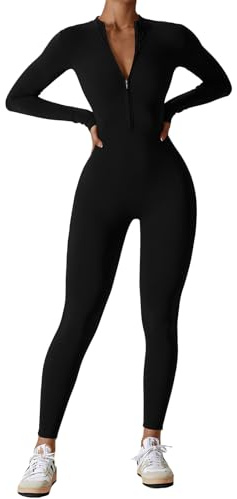 OEAK Femme Combinaison de Sport Manches Longues Yoga Jumpsuit Une Pièce Zippée Bodycon Moulante Vêtement de Sport Casual Élastique Bodysuit Skinny Combinaison,Noir,XL