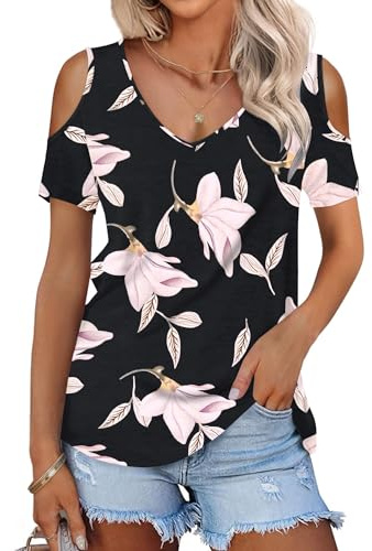 WNEEDU Women Summer Cold Shoulder Tops V Neck Short Sleeve Casual T Shirt Morning Glory L