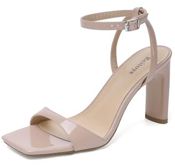 Reitoye Nude Heels for Women Open Toe Chunky High Heels Strappy Ankle Strap Sandals Womens Size 8