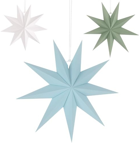 Stelle di Carta Natalizia 40 cm＆30 cm＆25 cm-Azzurro,Verde,Bianco-Stella 9 Punte Appendere Alle Palline Natale Stella Pieghevole Natalizia Stelle Carta Appendere Decorazioni Cartas Natale
