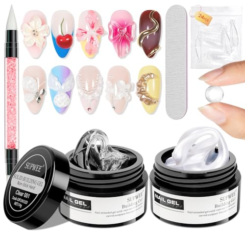 SUPWEE Fast uppbyggnadsgel för nagelset, 3D gel nagelkonst klar pärlvit solid 3D skulpturgel mönster prägling hård solid bygggel för naglar mnikyr