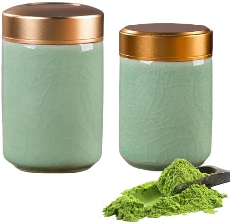2 stycken små keramiska matcha-tebehållare, matcha set, keramik teburk | 70 ml + 100 ml bärbar minimatcha-förvaringsbehållare med lock i aluminiumlegering, Matcha-förvaringsbehållare (grön, A)