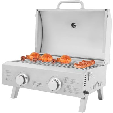 Barbecue Gaz Pliage avec Gril et Deux Brûleurs Indépendants Barbecue Camping Gaz Portable pour Arrière Cour, Jardin, Patio, Pique Nique, Voyage en Camping Car, 55.8x45x38cm