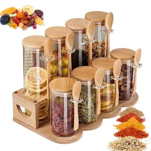 NOSIDIA Pots à Épices Verre avec Étiquettes et Support – Bocaux en Verre Avec Couvercle Hermétique Et Cuillère – Lot de 8 Pots à Épices Couvercle en Bois 240 ML et 600 ML – Rangement Épices Cuisine