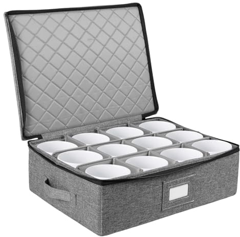 KTCINA Mug Box with Dividers, Kitchen Mug and Cup Box China with Lid and Handles, Holds 12 Coffee Mugs, Tea Cups, Stackable Coffee Mugs Organizer for Moving & Packing