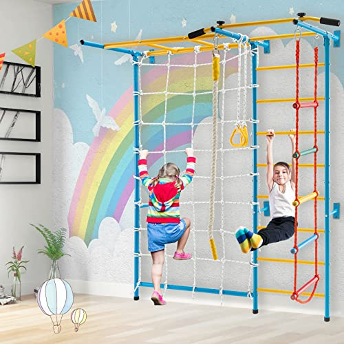 GOPLUS 7-en-1 Échelle Suédoise Murale Enfant avec Anneaux de Gymnastique, Echelle Escalade Montesorri avec,Mur de Cordes et Corde,r en Acier pour Enfants 3+ Ans, Charge 100KG