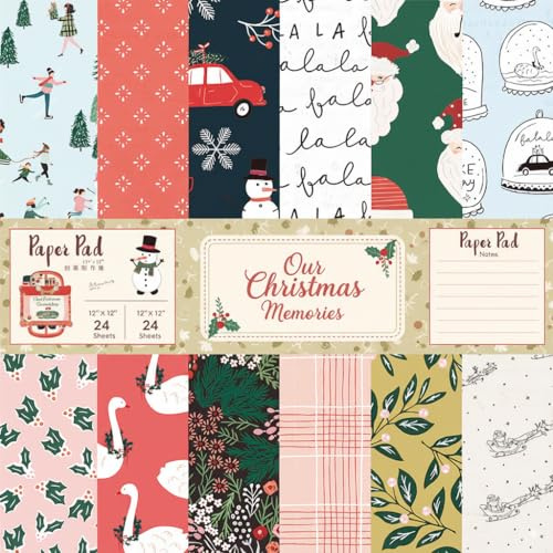 Christmas Scrapbook Paper Pad with Stickers - 24 Single-Sided Sheets (12x12) + 3 Sticker Sheets - Holiday Patterned Cardstock Kit for Xmas Card Making, Photo Album, Junk Journal & DIY Crafts