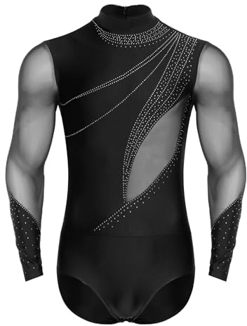 TSSOE Latin Dance Leotards for Men Mesh Long Sleeve Shiny Ballet Gymnastics Leotards Figure Skating Bodysuit Black Medium