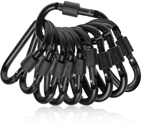 Flintronic Lot de 10 Mousqueton Verrouillage Aluminium, Mousqueton avec Fermeture à Vis, Porte Clé Mousquetons, Forme D, pour Camping, Pêche, Randonnée, Sac de Montagne - Noir
