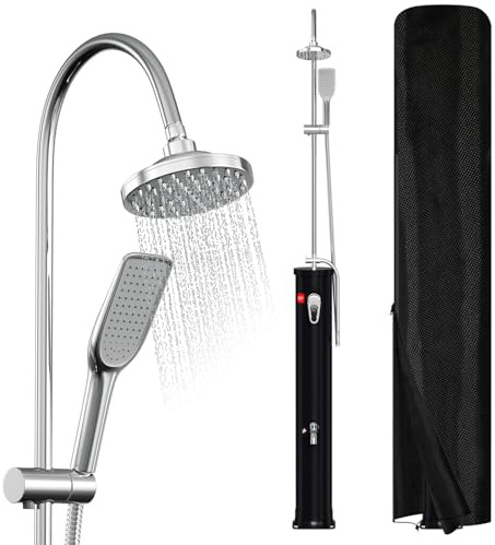Peviasot Doccia Solare, 20 litri, mezza asta singola, doccia da giardino, acqua calda fino a 60 °C, senza allacciamento elettrico, doccia per piscina, campeggio, con doccia a mano e testa doccia