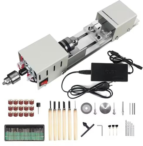 Mini Torno de 24V Pequeño Torno de Metal con Ajuste de 7 Marchas, 4000–8000 RPM, Rango de Sujeción de 0.6–6.5MM, con uego de Herramientas Rotativas,para Tornear, Rectificar, Pulir, Taladrar y Tallar