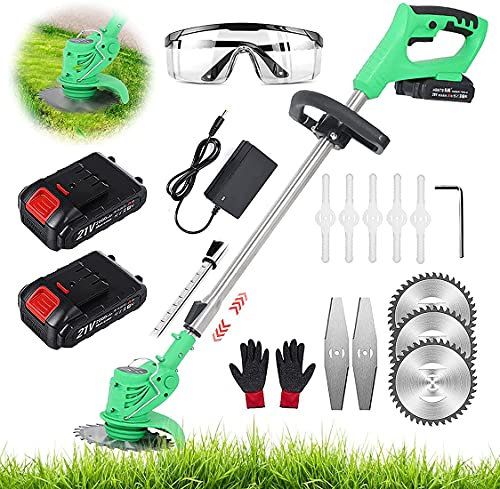MeTikTok Brushcutter Cordless Grass Trimmer with 21V Lithium Battery And Charger, Electric Lawn Mower, Telescopic Handle, Light Lawn Scythe, Battery Pruner for Trimming Garden Lawn Bushes,Green