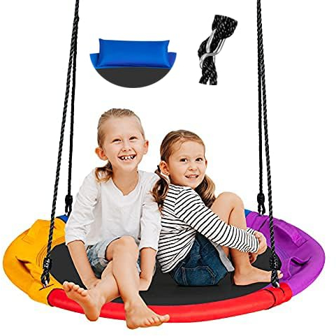 COSTWAY Giant Nest Swing, 100cm Round Saucer Tree Swing Seat with Pillow, Handle & Adjustable Ropes,Waterproof Hanging Seat for Backyard Playground Garden, Up to 150 kg