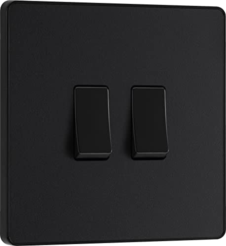 BG Electrical Double Wall Light Switch, 2 Way, Screwless Front Plate, Round Edges, Evolve, Matt Black, 20A, 16AX, PCDMB42B