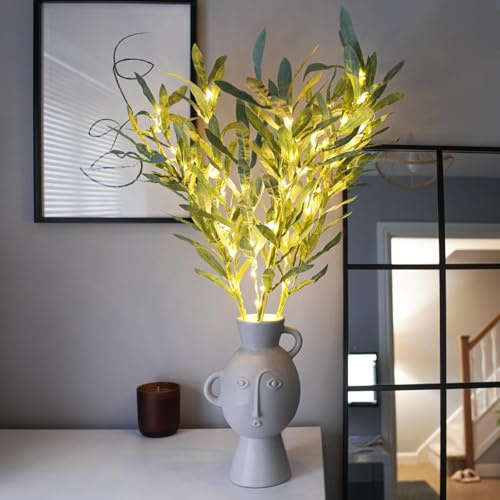 Festive Lights - 6 x 65cm Decorative Olive Leaf Branch Lights (2 Pack) with 120 Warm White LEDs - Battery Powered Indoor Foliage, Timer Function, Green Design, Clear Cable, Twig Style Vase Display