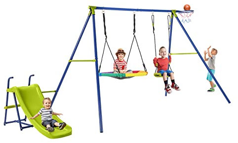 COSTWAY 4 in 1 Set di Altalena da Giardino per Bambini con Scivolo, Canestro Basket, Altalena a Nido, Altalena con Sedile, Corde Regolabili e Struttura in Metallo, per Interno ed Esterno